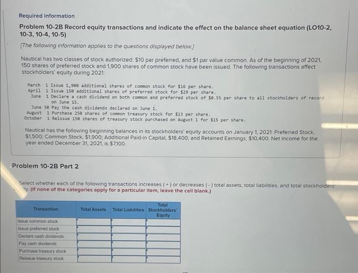  Required information Problem 10-2B Record equity transactions and indicate the effect