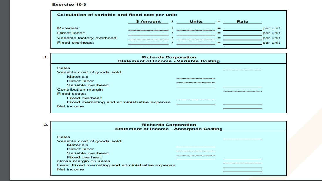 E 10- 3 Using variable costing and absorption costing The chief executive