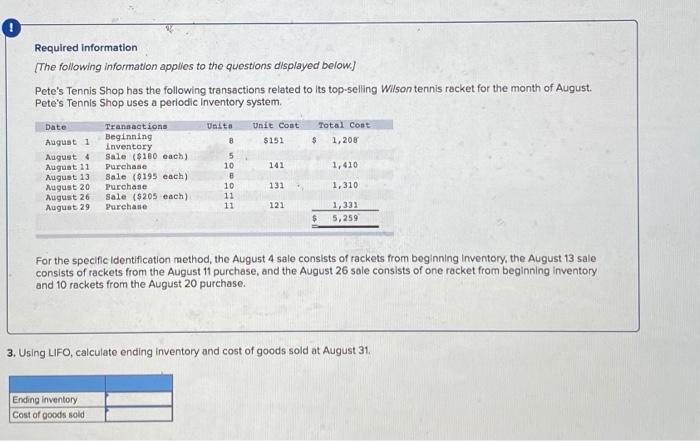 questions displayed below.) Pete's Tennis Shop has the following transactions related to