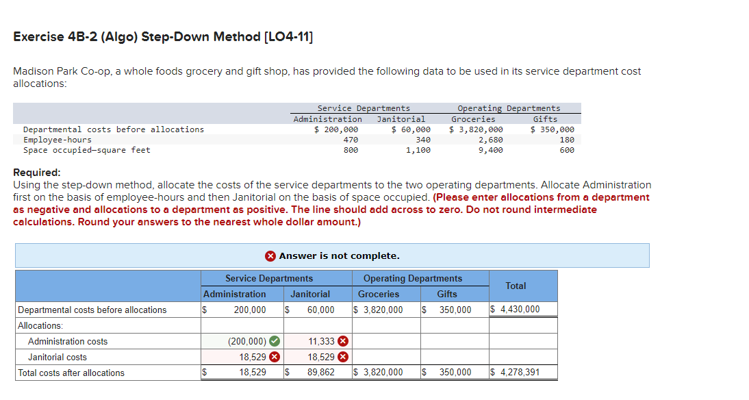  Exercise 4B-2(Algo) Step-Down Method [LO4-11] Madison Park Co-op, a whole foods