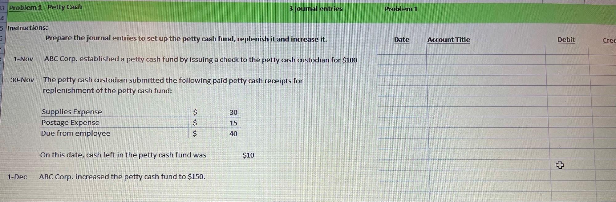 Problem 1 13 Problem 1 Petty Cash 3 journal entries 4