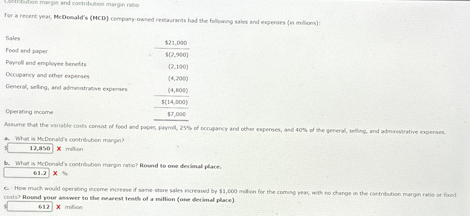  Contribution margin and contribution margin ratio For a recent year, McDonald's