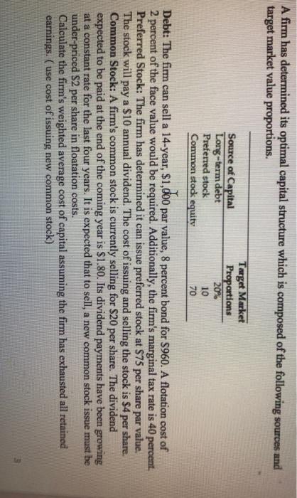  A firm has determined its optimal capital structure which is composed