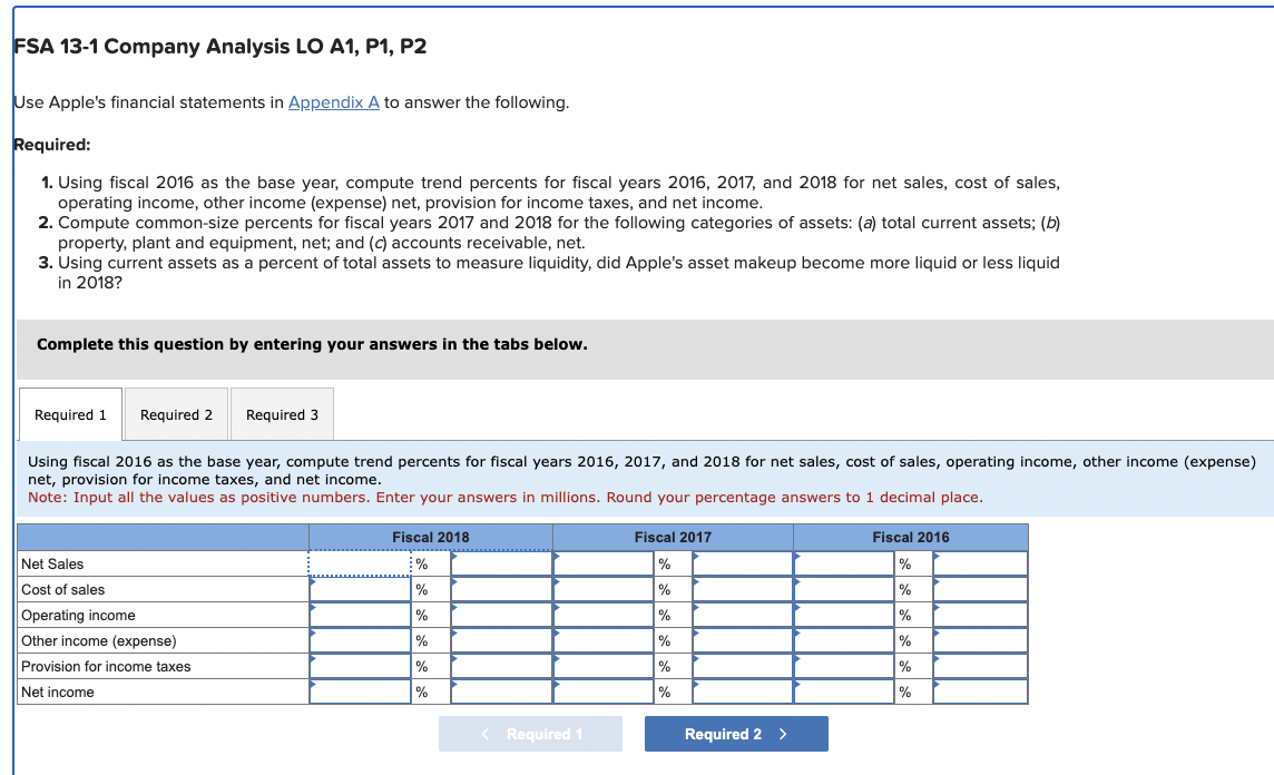  1-Using fiscal 2016 as the base year, compute trend percents for