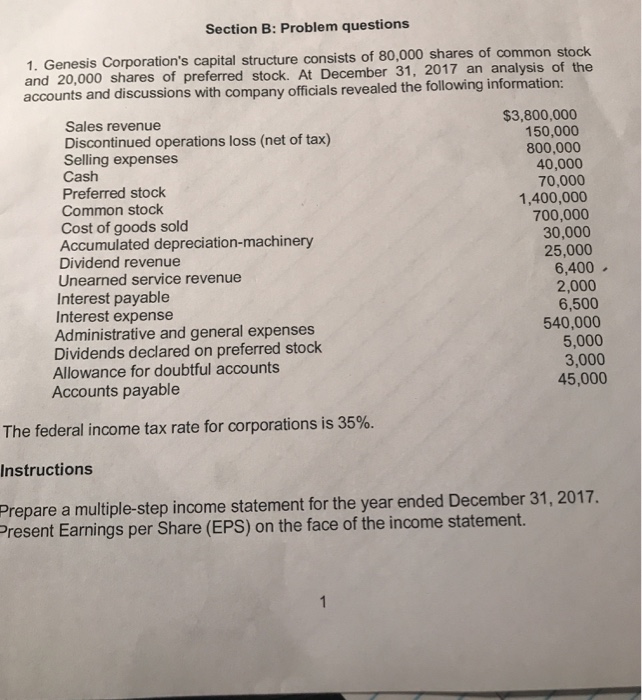  Section B: Problem questions 1. Genesis Corporation's capital structure consists of