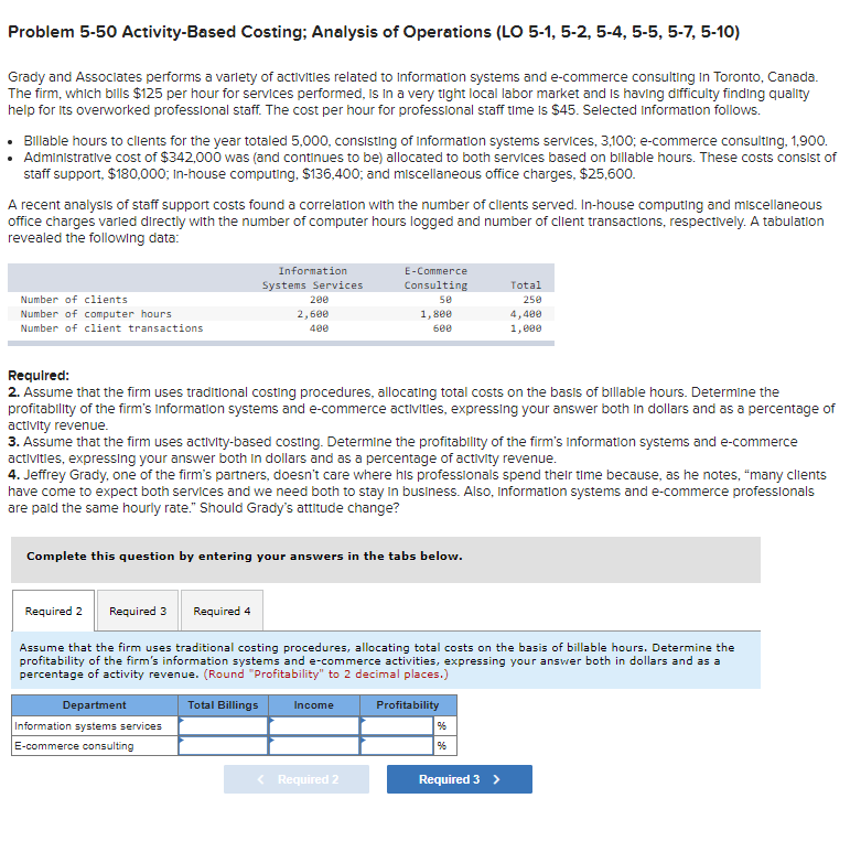 Problem 5-50 Activity-Based Costing; Analysis of Operations (LO 5-1, 5-2, 5-4,