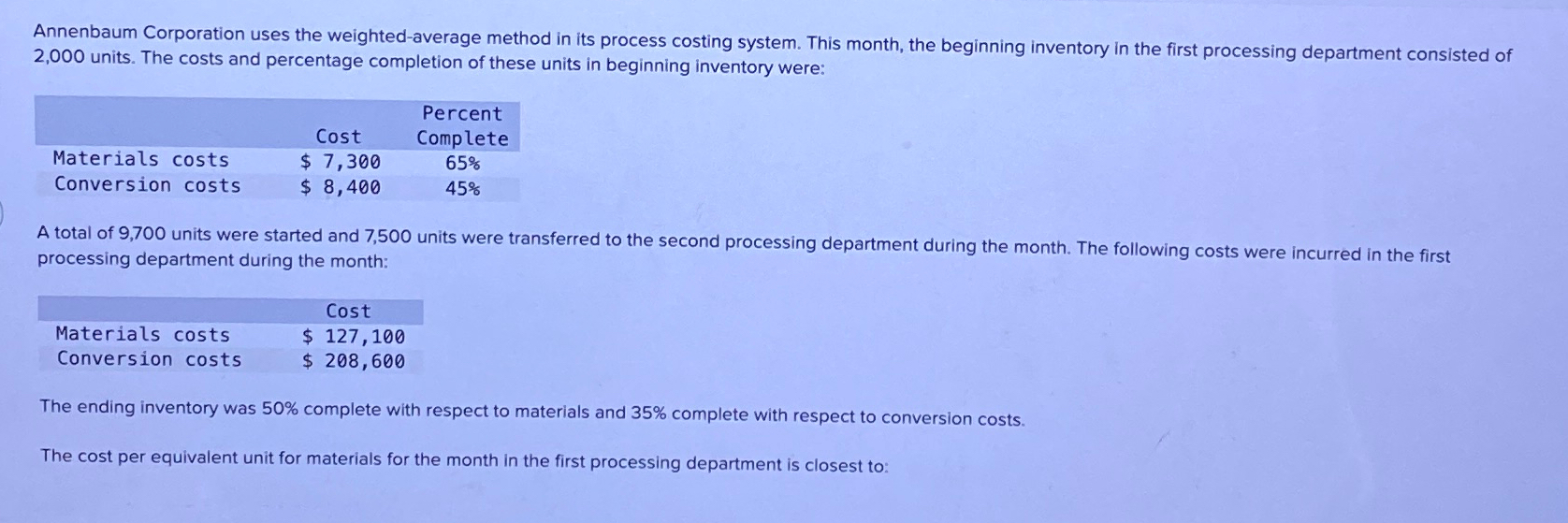  Annenbaum Corporation uses the weighted-average method in its process costing system.