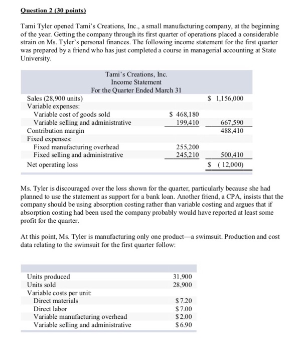  Question 2 (30 points) Tami Tyler opened Tami's Creations, Inc., a