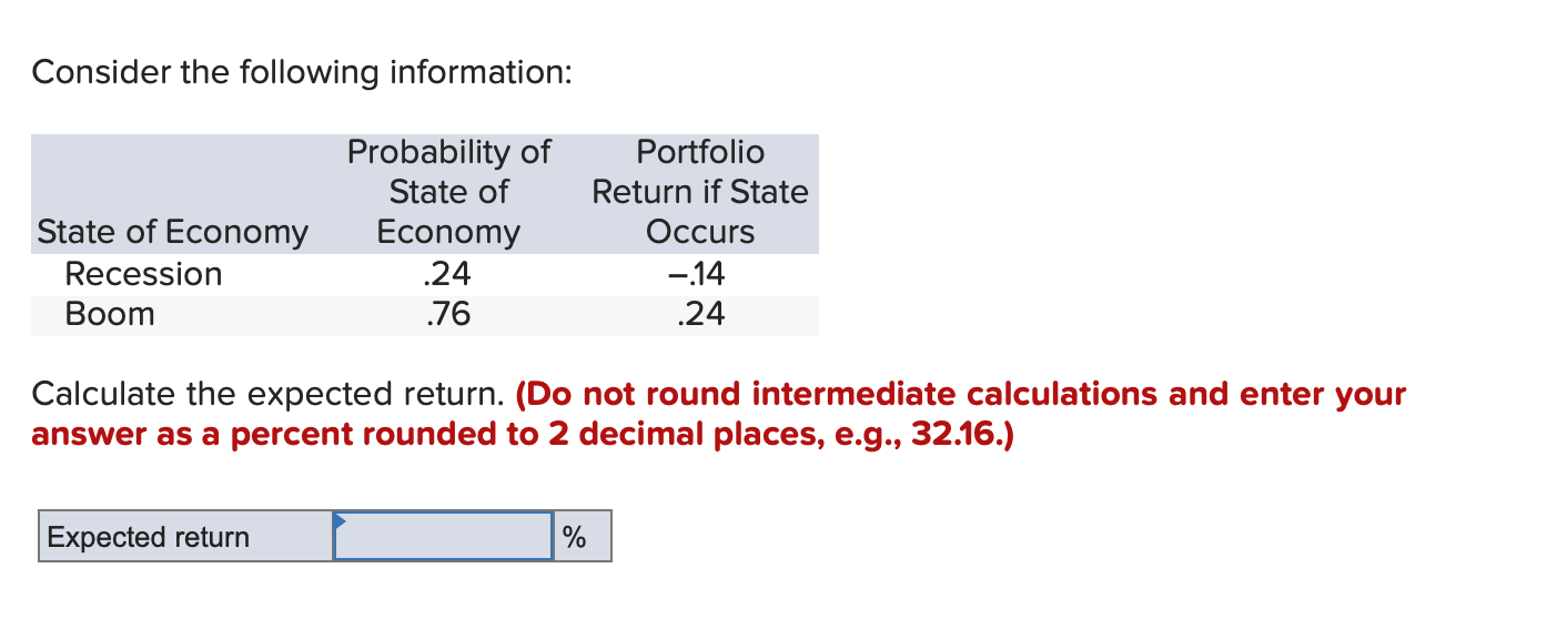 Consider the following information: Calculate the expected return. (Do not round