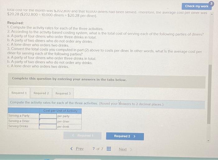 total cost of serving each of the following parties of diners? a.