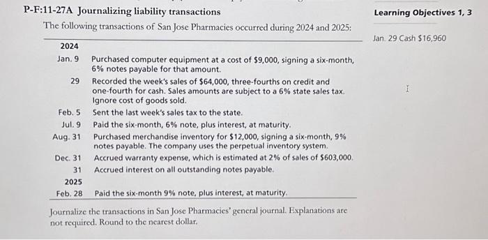 I-27A Journalizing liability transactions The following transactions of San Jose Pharmacies occurred
