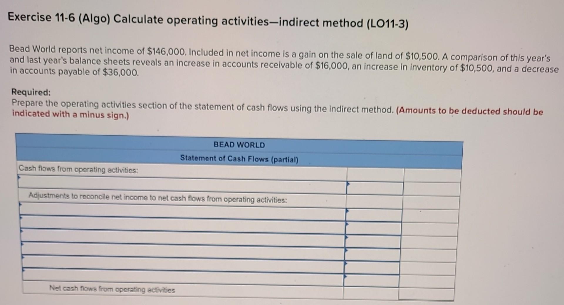 1. 2. Exercise 11-6 (Algo) Calculate operating activities-indirect method (LO11-3) Bead World