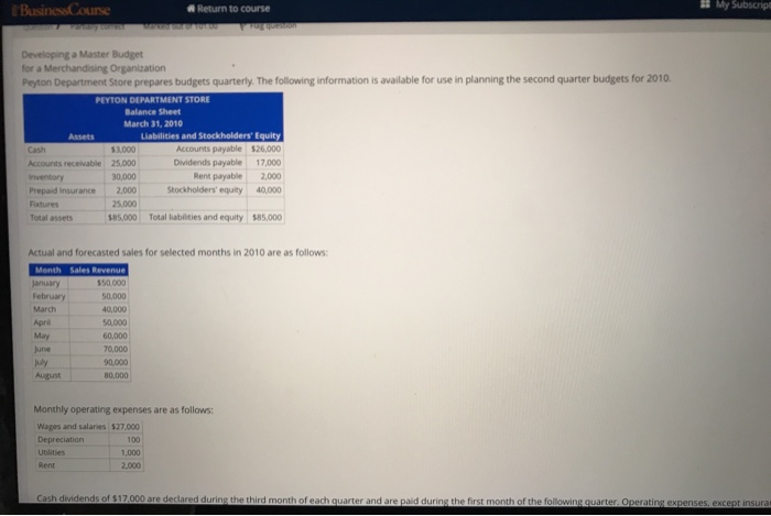  Business Course Return to course My Subscrip! Developing a Master Budget