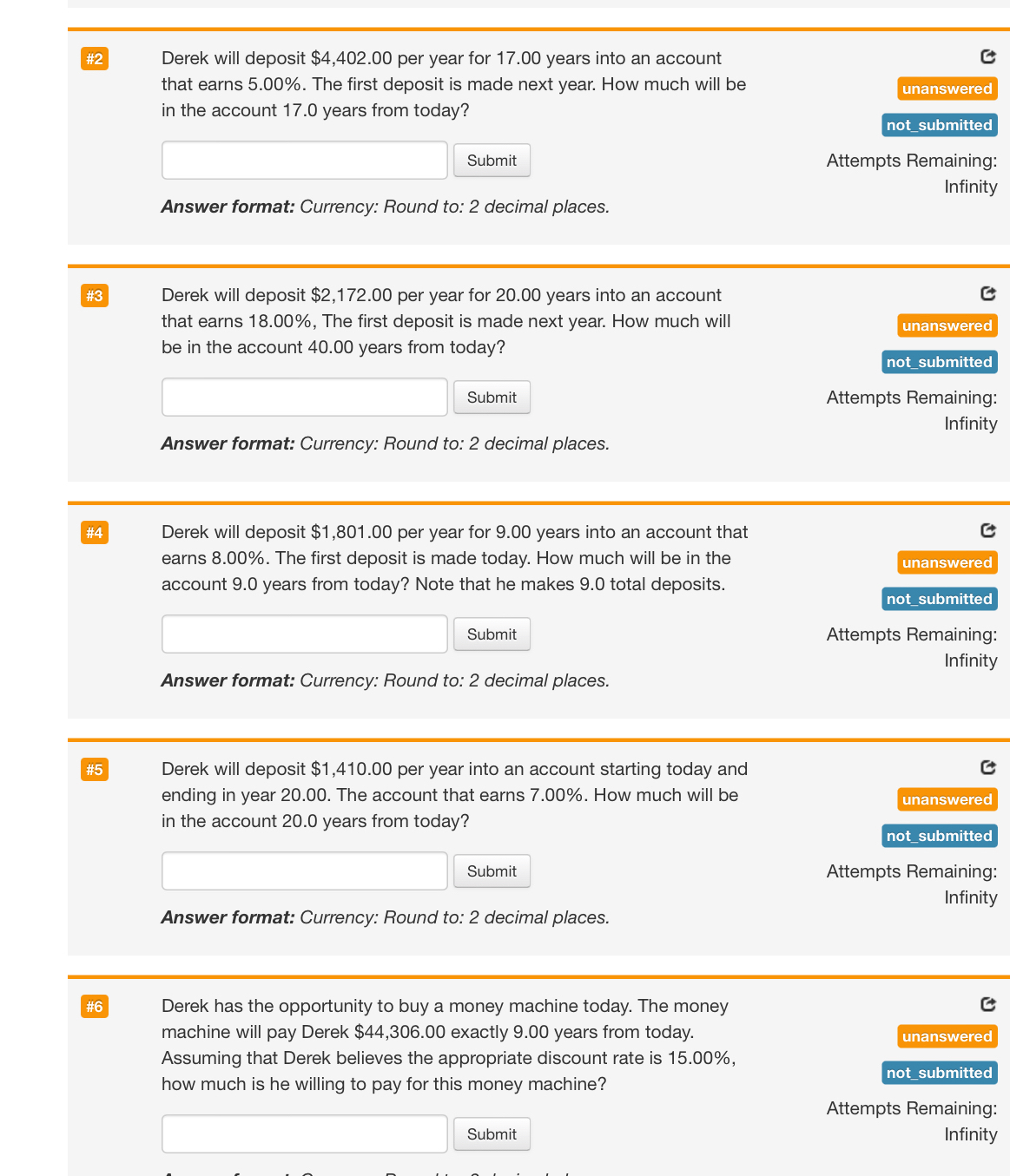  #2 Derek will deposit $4,402.00 per year for 17.00 years into