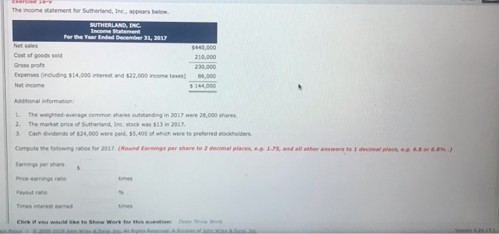  The income statement for Sutherland, Inc., appears below. SUTHERLAND, INC Income