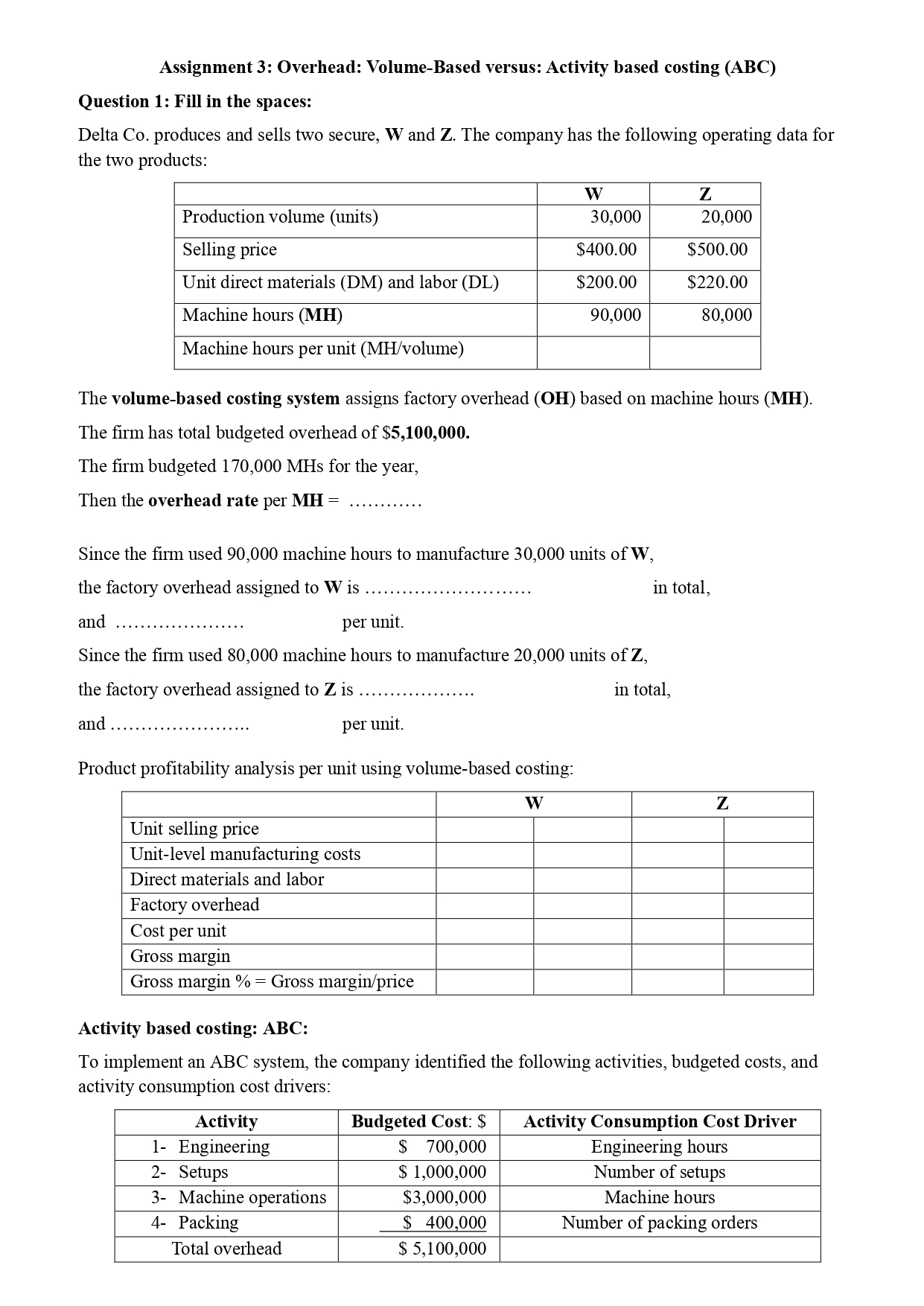 Assignment 3: Overhead: Volume-Based versus: Activity based costing (ABC) Question 1: