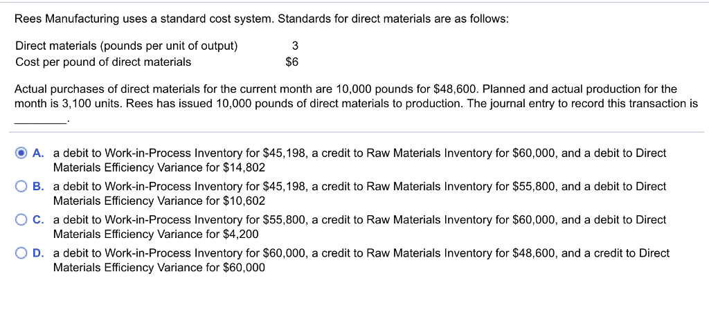 Rees Manufacturing uses a standard cost system. Standards for direct materials