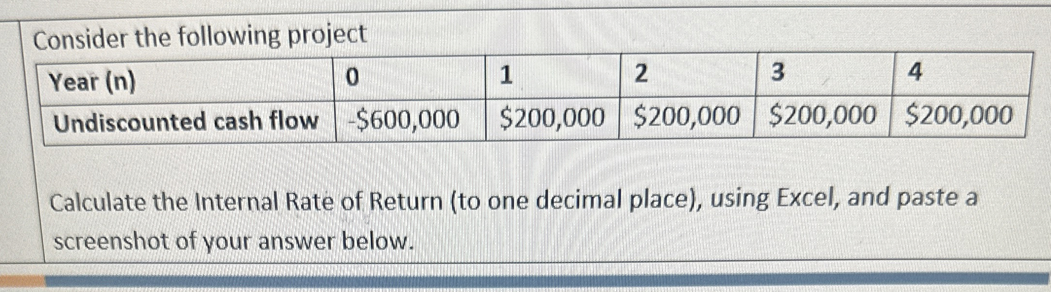  Consider the following project \table[[Year (n),0,1,2,3,4 