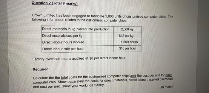  Question 2 (Total 8 marks) Crown Limited has been engaged to
