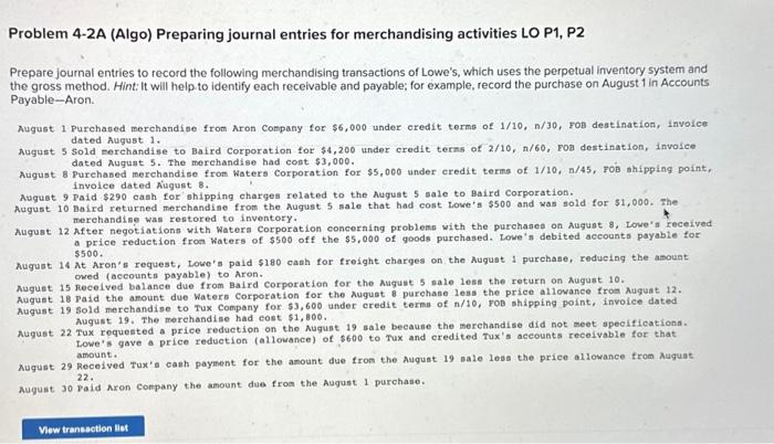  Please help me fill out this journal entry Problem 4-2A (Algo)
