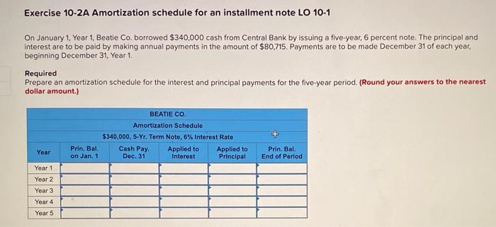  Exercise 10-2A Amortization schedule for an installment note LO 10-1 On