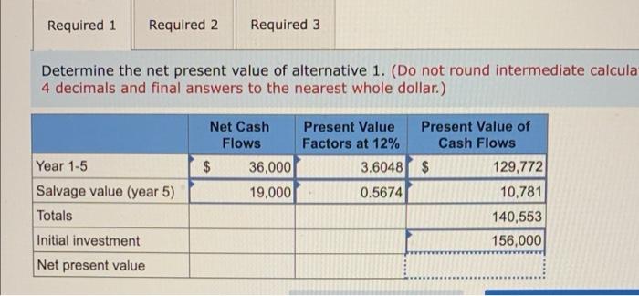 of alternative 1. (Do not round intermediate calcula 4 decimals and final