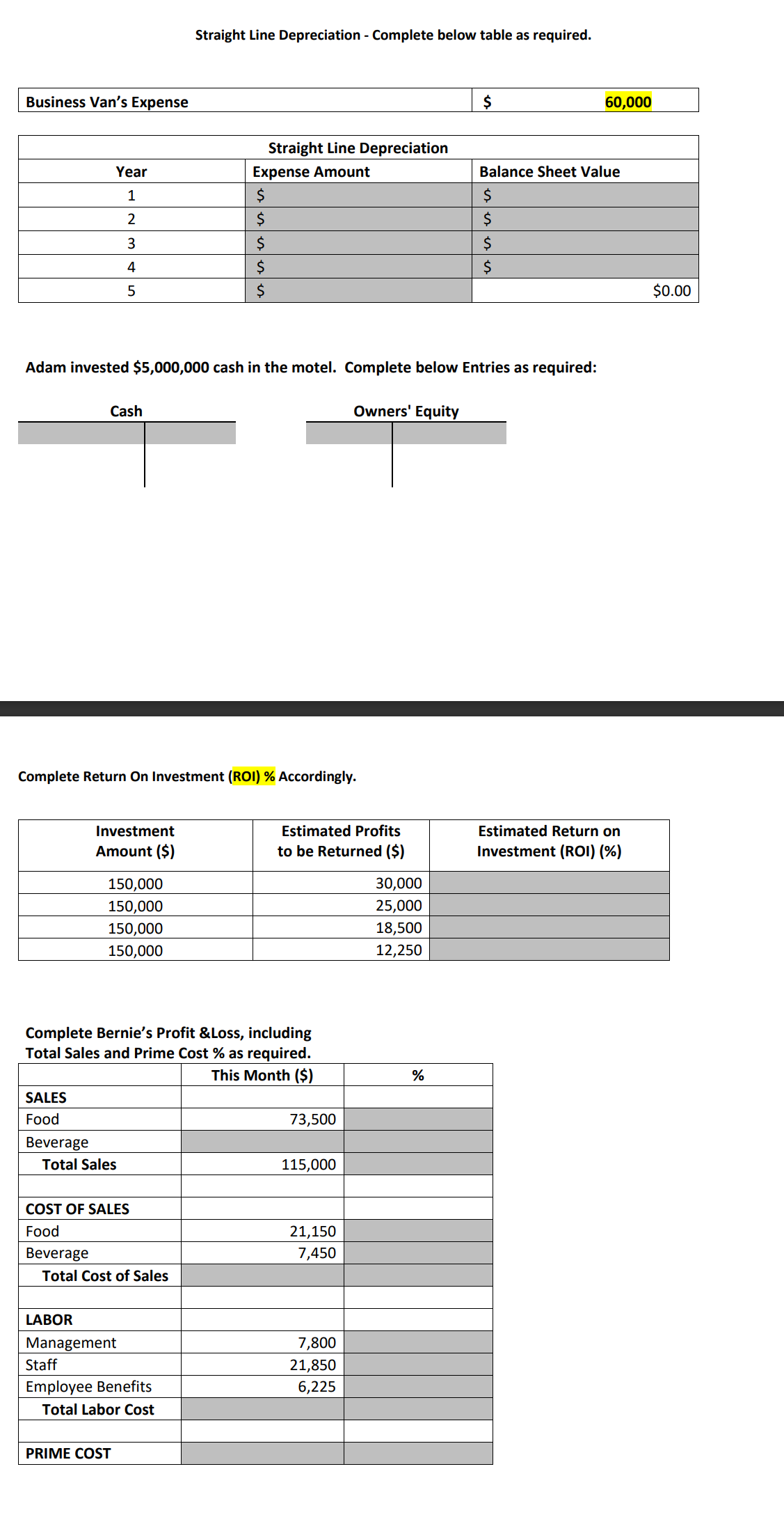  Straight Line Depreciation - Complete below table as required. Business Van's