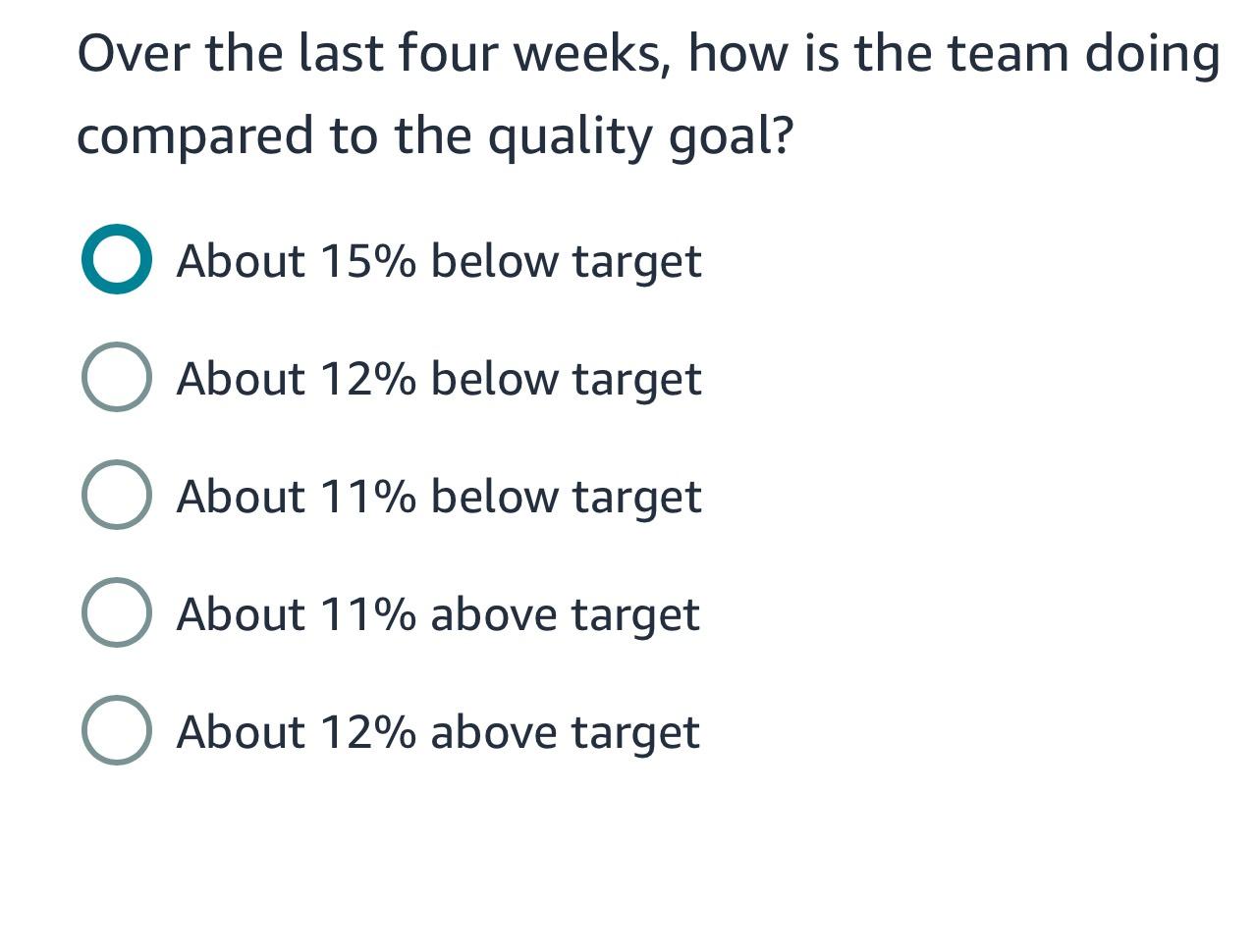  \table[[Week,\table[[Job Sat],[Score]],\table[[Absence],[Rate]],\table[[Quality],[Score]],\table[[Output],[Score]]],[1,3.90,0.06,0.92,9],[2,3.80,0.05,0.91,11],[3,3.80,0.07,0.89,9],[4,3.90,0.04,0.84,8],[5,4.00,0.03,0.82,11],[6,4.10,0.03,0.92,9],[7,3.70,0.05,0.90,9],[8,4.40,0.06,0.82,10]] Weekly Goals: Job Satisfaction Score 4.40, Absence Rate 0.06,