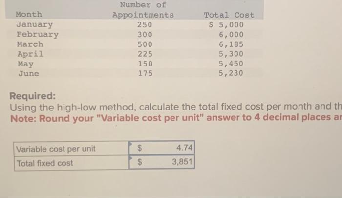  Required: Using the high-low method, calculate the total fixed cost per