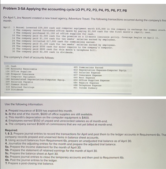  Problem 3-5A Applying the accounting cycle LO P1, P2, P3, P4,