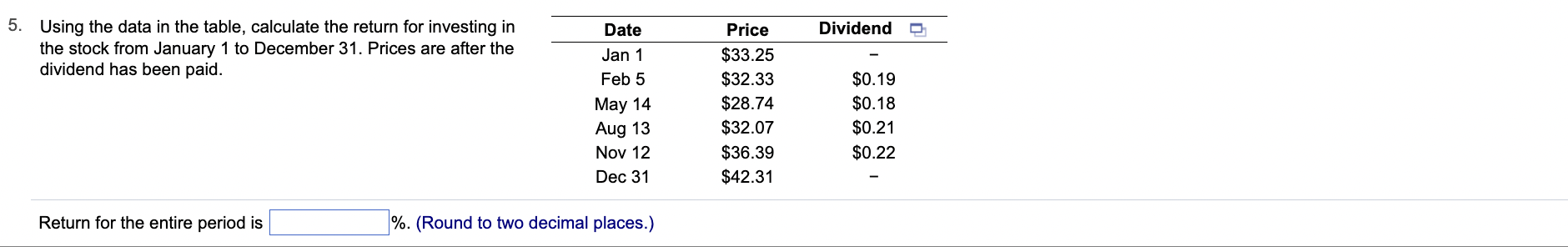  Using the data in the table, calculate the return for investing