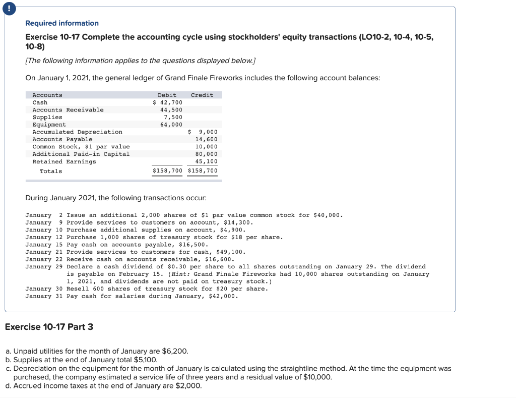 Required information Exercise 10-17 Complete the accounting cycle using stockholders' equity