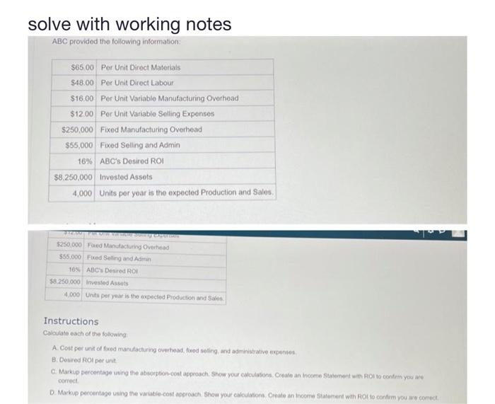  solve with working notes ABC provided the following information: Instructions Calculate