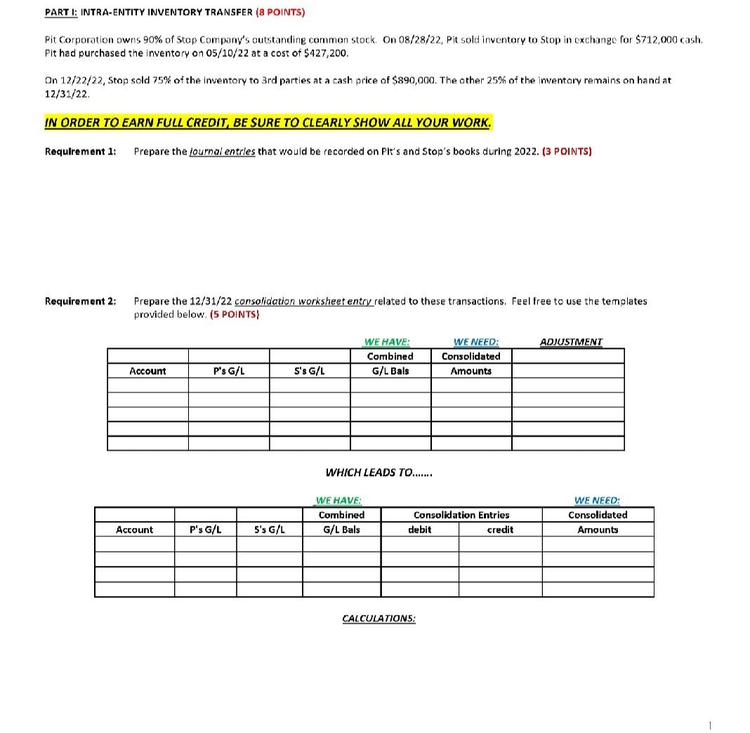please answer ASAP. PART I: INTRA-ENTITY INVENTORY TRANSFER (8 POINTS) Pit