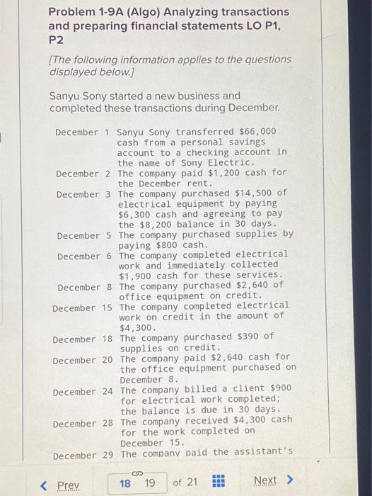  Problem 1-9A (Algo) Analyzing transactions and preparing financial statements LO P1,