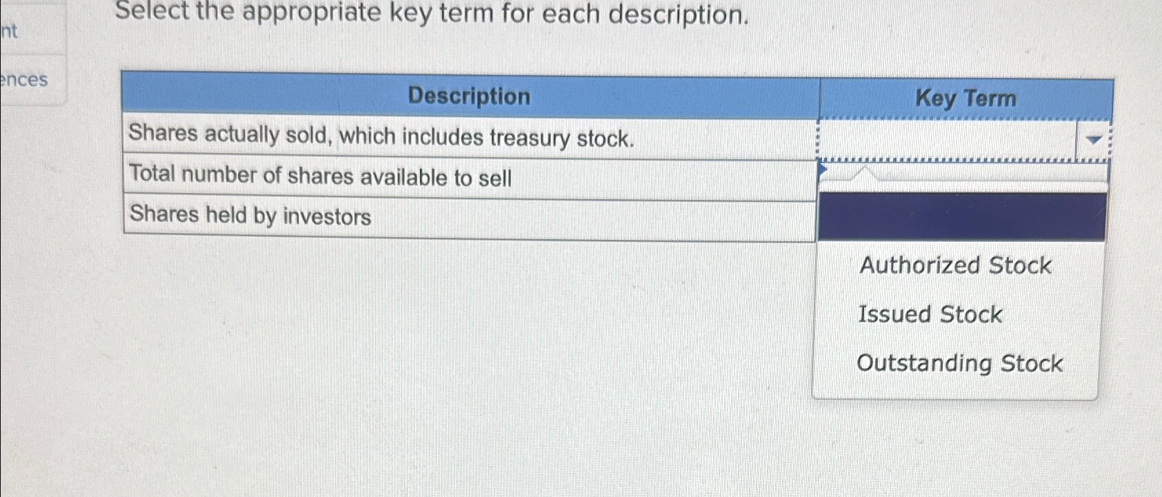  Select the appropriate key term for each description. \table[[Description,Key Term],[Shares actually