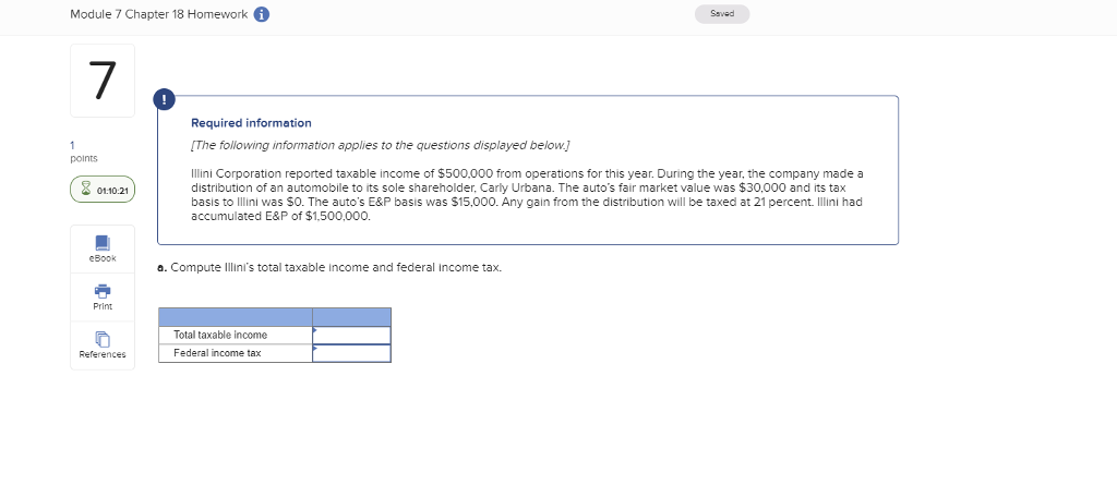 Module 7 Chapter 18 Homework Saved 7 Required information The following