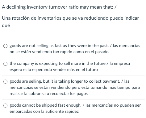  A declining inventory turnover ratio may mean that: / Una rotacin