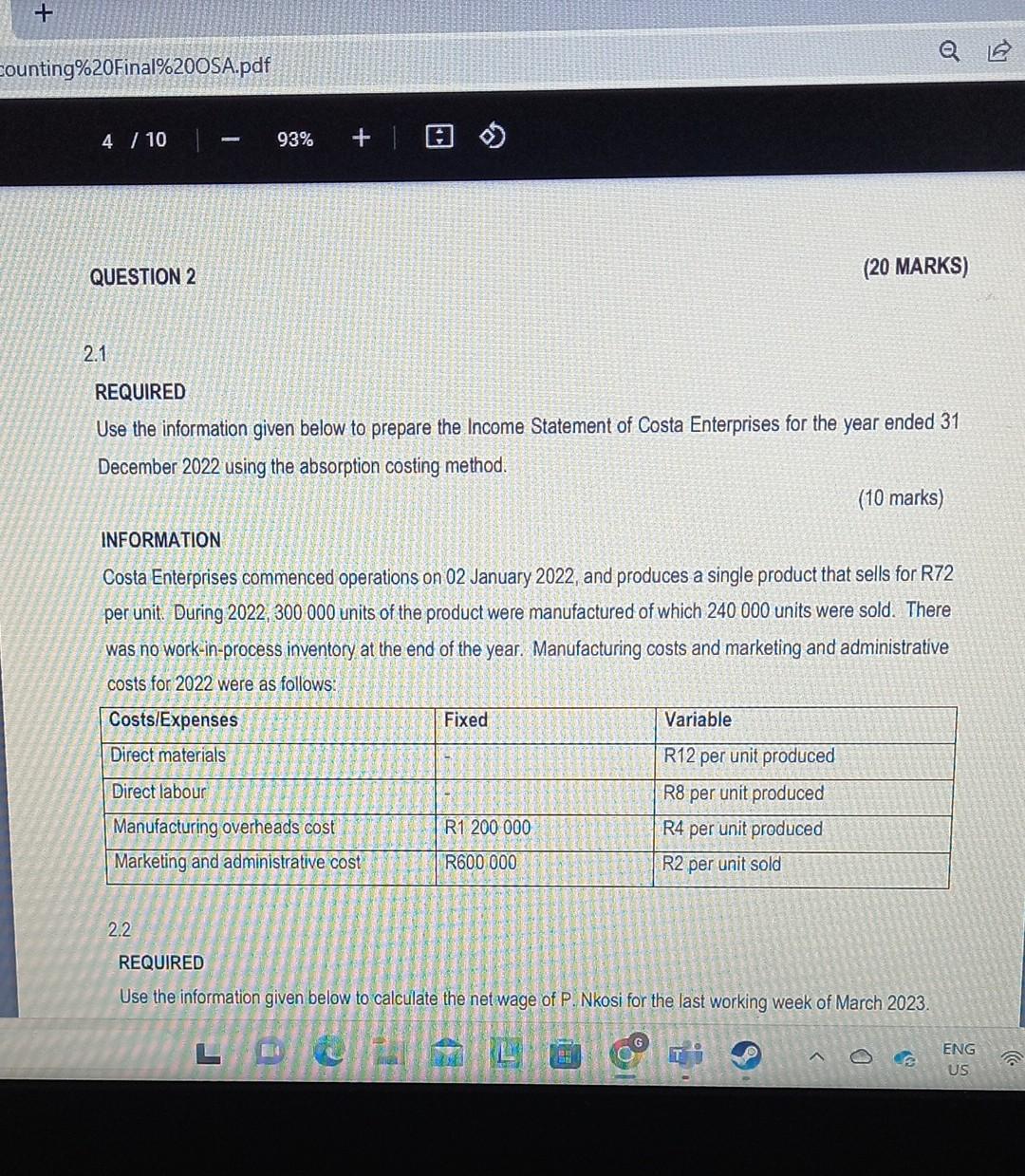 used in production: Table to complete: 1.2 REQUIRED Use the information provided
