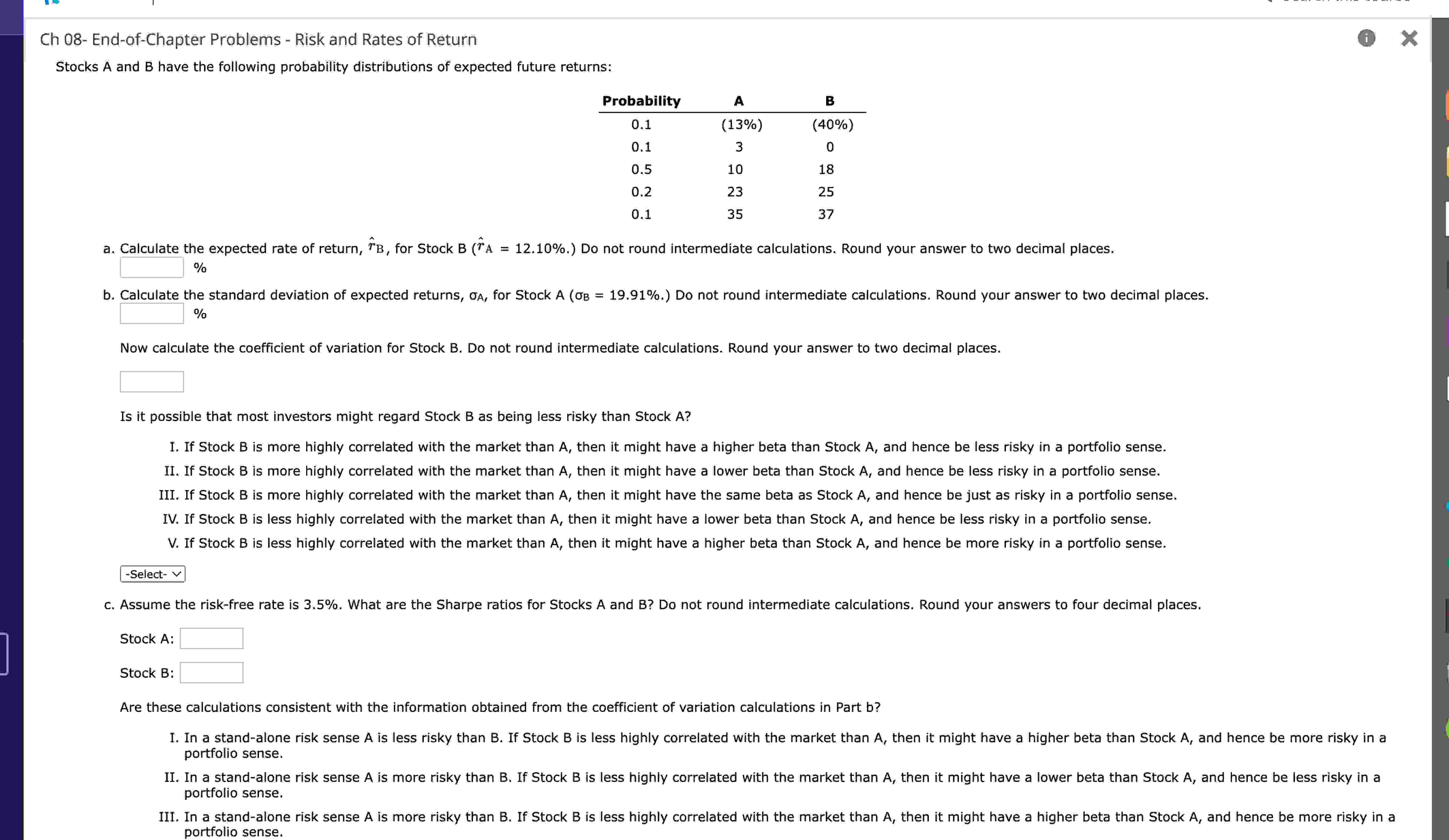  Ch 08- End-of-Chapter Problems - Risk and Rates of Return Stocks