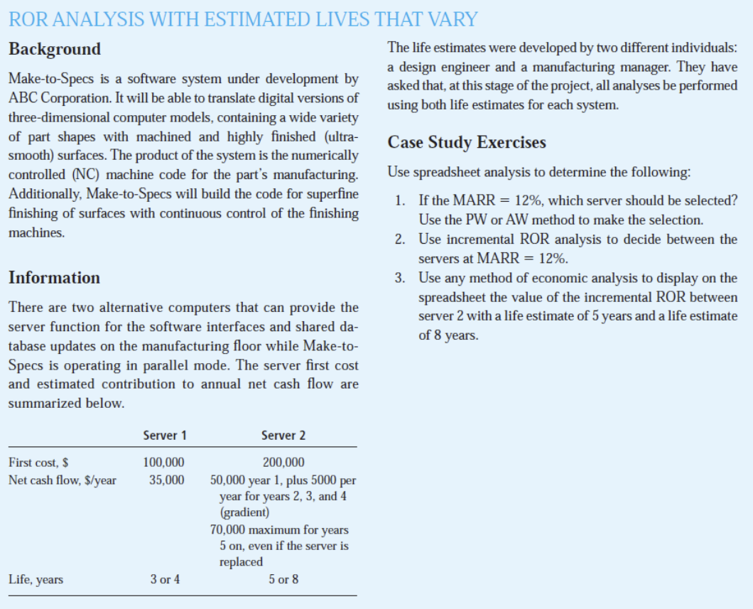 ROR ANALYSIS WITH ESTIMATED LIVES THAT VARY Background Make-to-Specs is a software