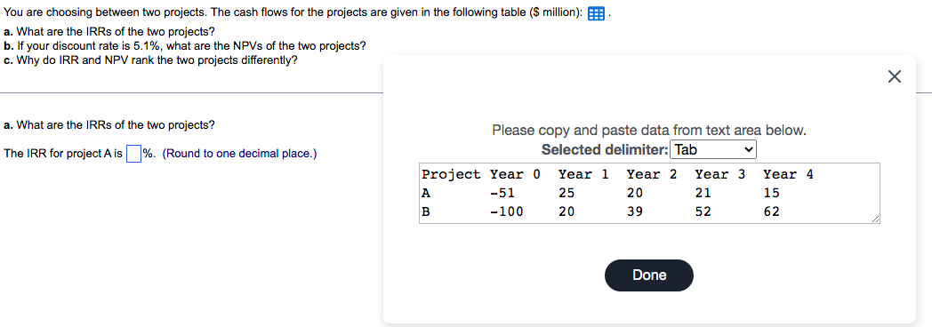  You are choosing between two projects. The cash flows for the