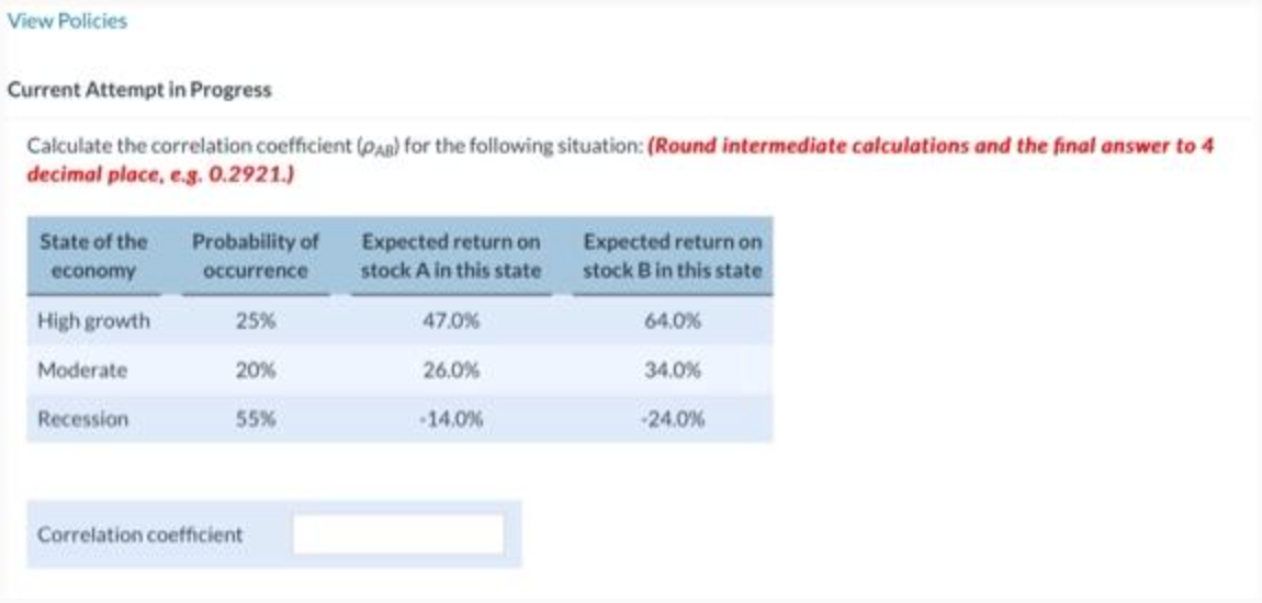  View Policies Current Attempt in Progress Calculate the correlation coefficient (AB)