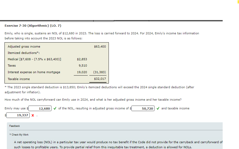  Exercise 7-30 (Algorithmic) (LO. 7) Emily, who is single, sustains an