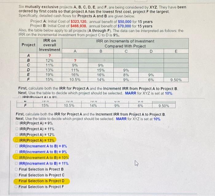  Six mutually exclusive projects A, B, C, D, E, and F,