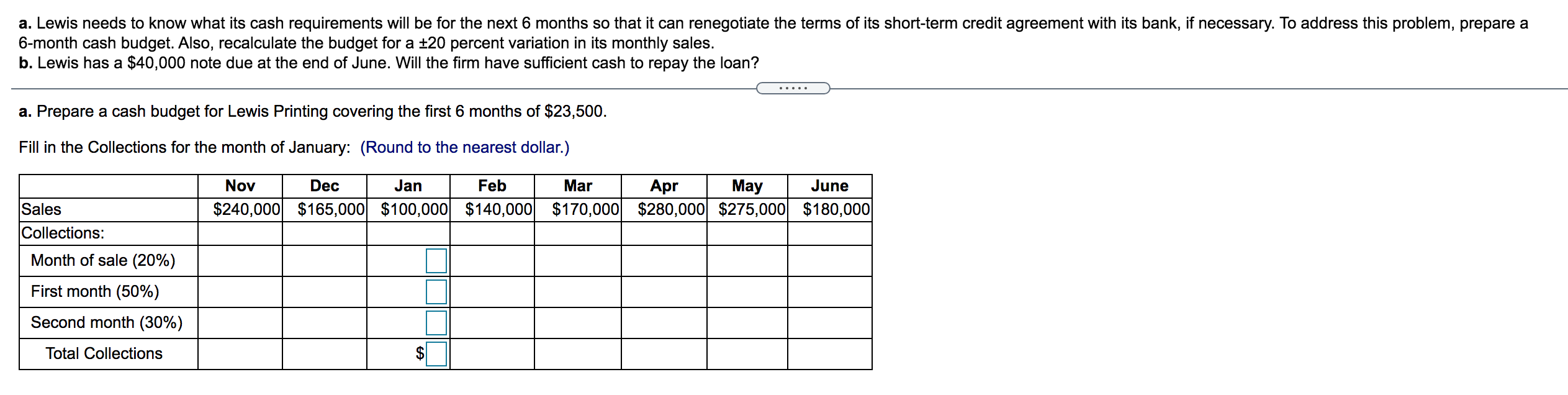 a cash budget) Lewis Printing has projected its sales for the first