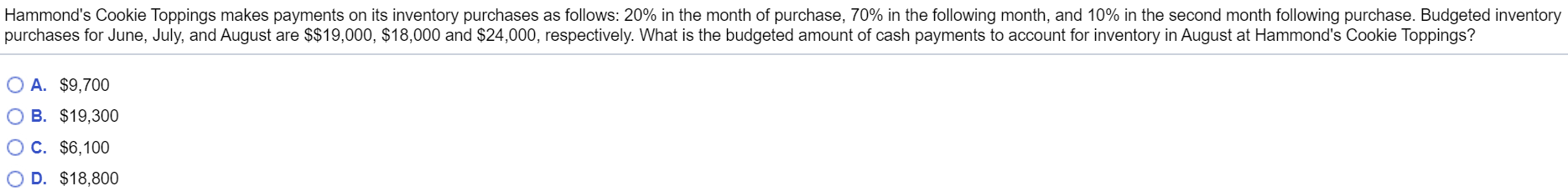  Hammond's Cookie Toppings makes payments on its inventory purchases as follows: