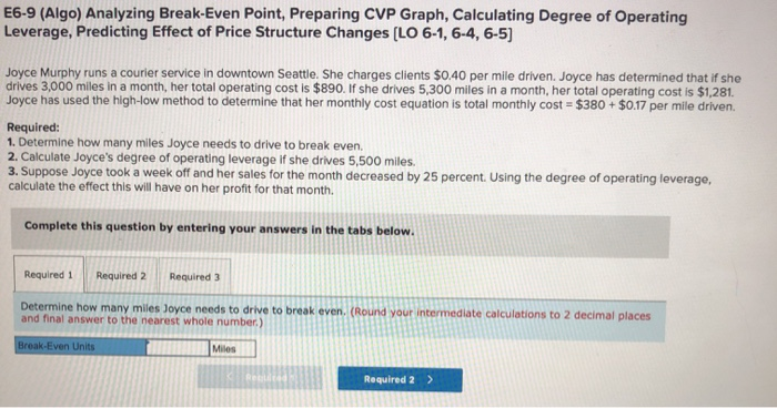  E6-9 (Algo) Analyzing Break-Even Point, Preparing CVP Graph, Calculating Degree of