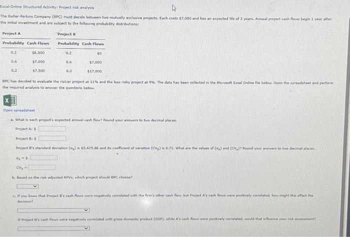 please help Excel Online Structufed Activity: Profect rick analysis the initial investment
