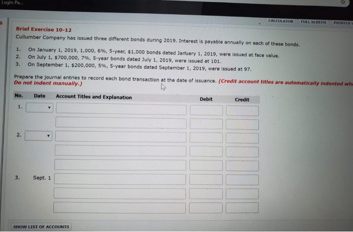  Login Pa CALCULATON FULL SCREEN PRINTER Brief Exercise 10-12 Cullumber Company